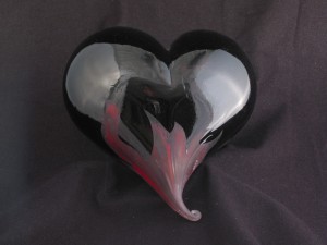 Hand blown black glass heart with red flames